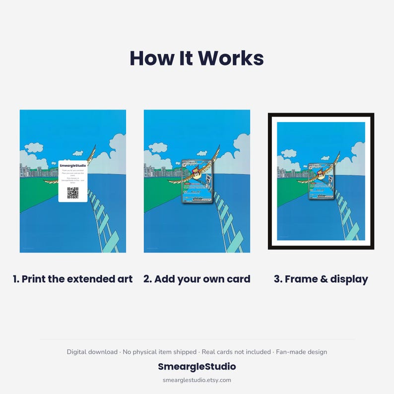 May include: A three-step instructional graphic titled How It Works showing a digital art print. Step 1 shows a white card with a QR code, step 2 shows a trading card placed on the art, and step 3 shows the art in a black frame.