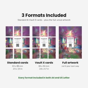 Pode incluir: Uma exibi&ccedil;&atilde;o de produto digital mostrando 3 formatos inclu&iacute;dos: cart&otilde;es padr&atilde;o de 63 x 88 mm, cart&otilde;es Vault X de 66 x 94 mm e arte completa. Cada formato apresenta uma ilustra&ccedil;&atilde;o colorida de um quarto e um c&oacute;digo QR da SmeargleStudio.