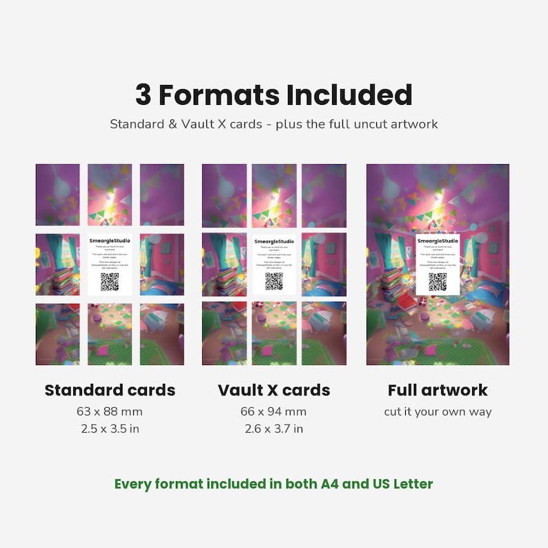 Pode incluir: Uma exibi&ccedil;&atilde;o de produto digital mostrando 3 formatos inclu&iacute;dos: cart&otilde;es padr&atilde;o de 63 x 88 mm, cart&otilde;es Vault X de 66 x 94 mm e arte completa. Cada formato apresenta uma ilustra&ccedil;&atilde;o colorida de um quarto e um c&oacute;digo QR da SmeargleStudio.