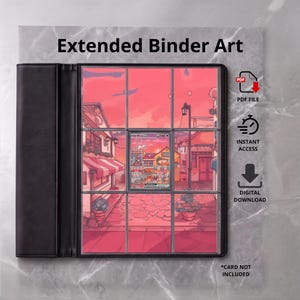 Op de afbeelding: Een zwarte map met Extended Binder Art en een roze getinte illustratie van een straatscène. De map heeft negen doorzichtige vakken, waarvan er één een verzamelkaart bevat. Tekst omvat Extended Binder Art, PDF FILE, INSTANT ACCESS, DIGITAL DOWNLOAD en *CARD NOT INCLUDED.