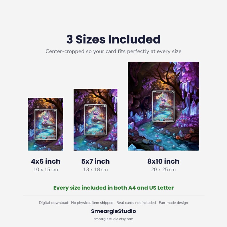 May include: A digital download product display showing three sizes of a fantasy art print featuring a small creature in a crystal forest. Text includes 3 Sizes Included, 4x6 inch, 5x7 inch, 8x10 inch, and Every size included in both A4 and US Letter.
