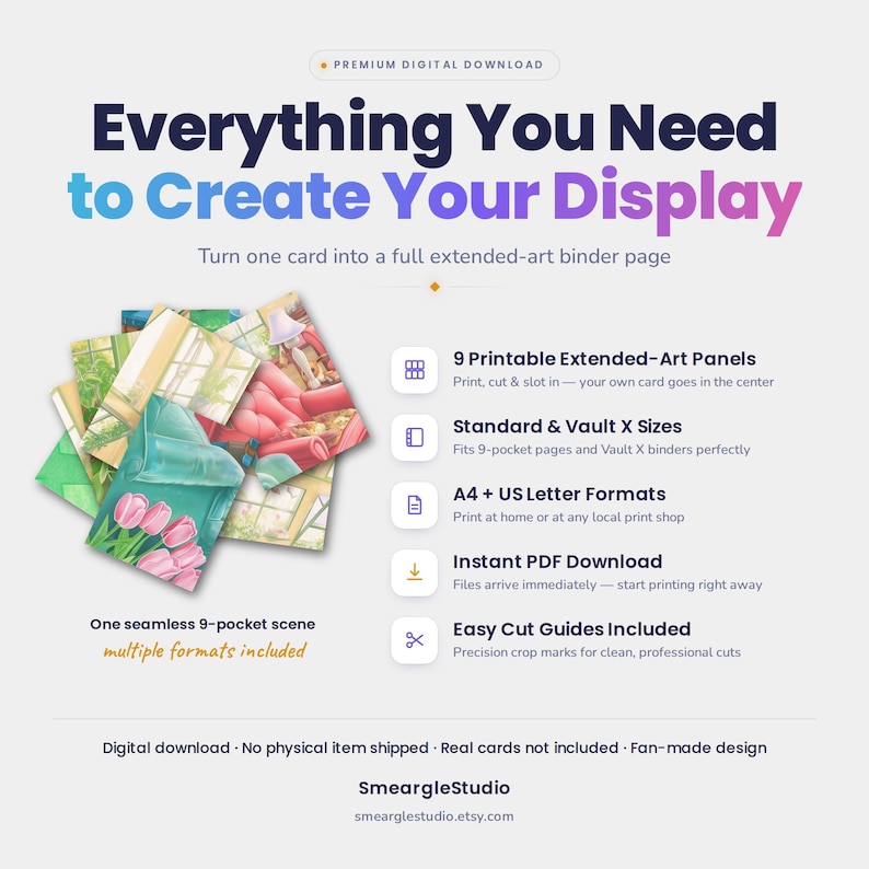 May include: A digital download product featuring 9 printable extended-art panels for binder pages. The graphic displays text Everything You Need to Create Your Display, listing features like A4 and US Letter formats, PDF files, and cut guides.