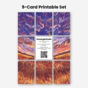 May include: A 9-card printable set featuring a continuous landscape illustration of a sunset over a grassy field. The center card displays the text SmeargleStudio, thank you notes, and a QR code. The cards show blue, purple, and orange clouds.