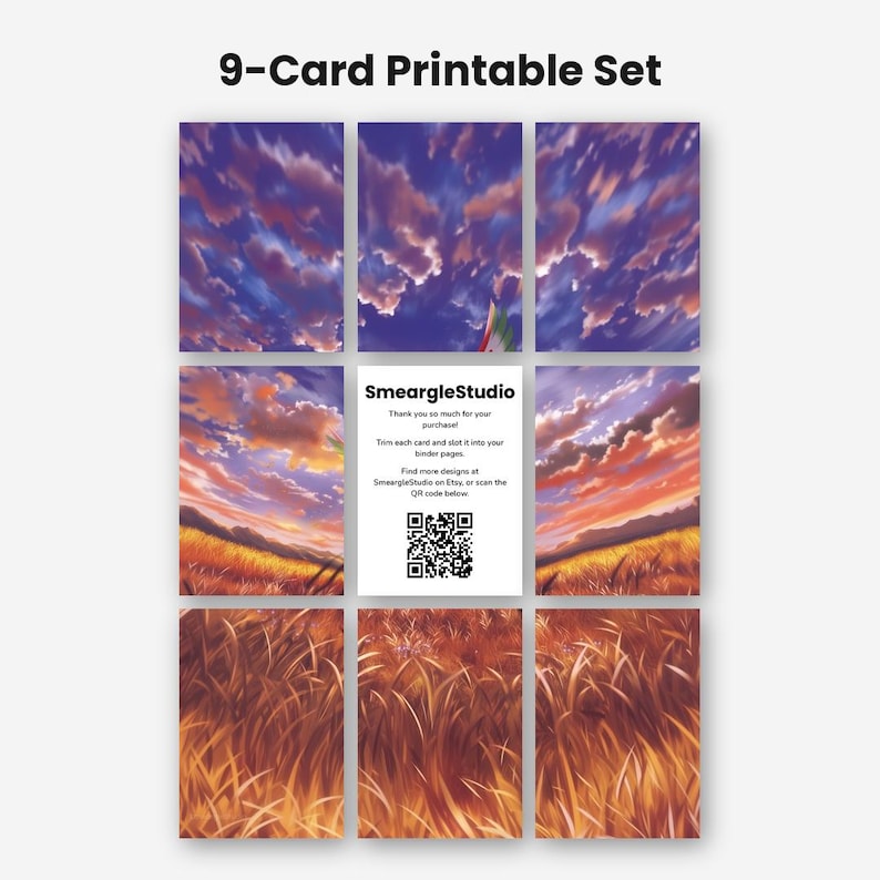 May include: A 9-card printable set featuring a continuous landscape illustration of a sunset over a grassy field. The center card displays the text SmeargleStudio, thank you notes, and a QR code. The cards show blue, purple, and orange clouds.