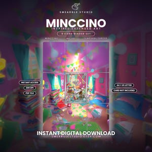 Pode incluir: Um conjunto de 9 cart&otilde;es para fich&aacute;rio com arte estendida inspirada em Minccino. A imagem mostra um quarto com decora&ccedil;&atilde;o colorida, pilhas de livros e uma ilustra&ccedil;&atilde;o central. O texto inclui Smeargle Studio, Minccino, No. 182, Temporal Forces, Instant Access, 300 DPI, PDF File, A4 + US Letter, Card Not Included e Instant Digital Download.