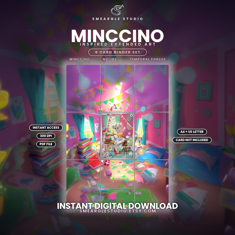 Pode incluir: Um conjunto de 9 cart&otilde;es para fich&aacute;rio com arte estendida inspirada em Minccino. A imagem mostra um quarto com decora&ccedil;&atilde;o colorida, pilhas de livros e uma ilustra&ccedil;&atilde;o central. O texto inclui Smeargle Studio, Minccino, No. 182, Temporal Forces, Instant Access, 300 DPI, PDF File, A4 + US Letter, Card Not Included e Instant Digital Download.