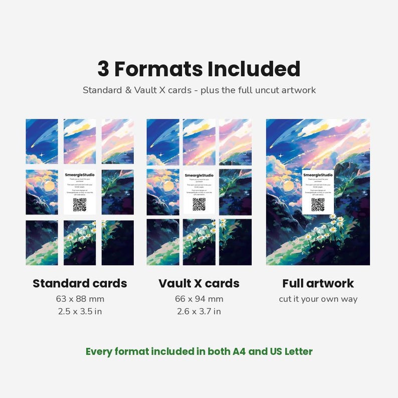 May include: A digital product display showing 3 Formats Included: Standard cards at 2.5 x 3.5 inches, Vault X cards at 2.6 x 3.7 inches, and full artwork. The image features a colorful landscape illustration with a QR code and SmeargleStudio text.