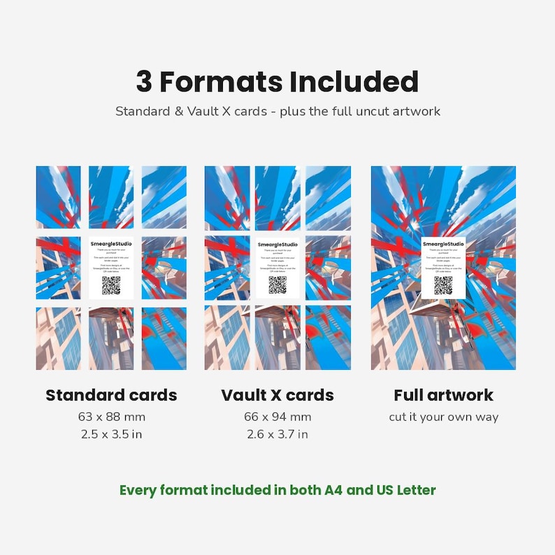 May include: A digital display showing 3 Formats Included: Standard cards at 2.5 x 3.5 inches, Vault X cards at 2.6 x 3.7 inches, and full artwork. Each section features a blue and red abstract graphic with a SmeargleStudio card and QR code.