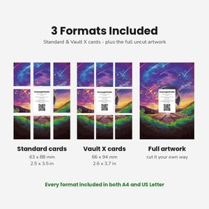 May include: A digital product display showing 3 Formats Included: Standard cards at 2.5 x 3.5 inches, Vault X cards at 2.6 x 3.7 inches, and full uncut artwork. Each section features a purple and orange night sky landscape with a QR code.