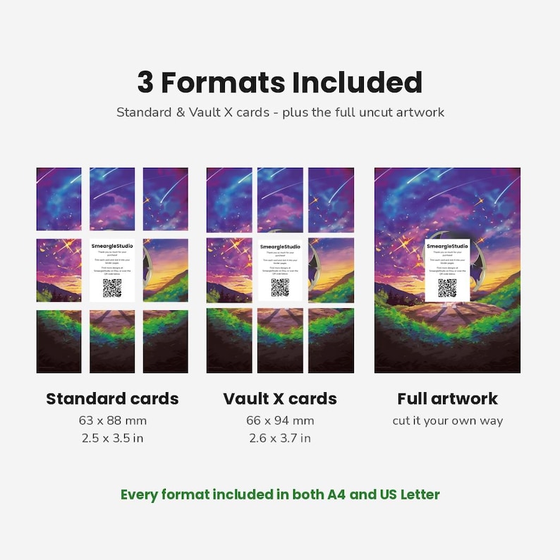 May include: A digital product display showing 3 Formats Included: Standard cards at 2.5 x 3.5 inches, Vault X cards at 2.6 x 3.7 inches, and full uncut artwork. Each section features a purple and orange night sky landscape with a QR code.