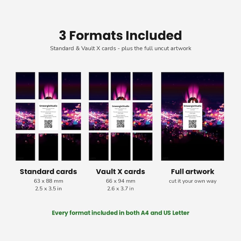 May include: A digital product display showing three formats: standard cards at 2.5 x 3.5 inches, Vault X cards at 2.6 x 3.7 inches, and full uncut artwork. The design features a dark background with purple light and bokeh effects, including a QR code.