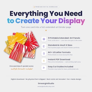 Op de afbeelding: Een digitale productweergave met de tekst Everything You Need to Create Your Display. Het bevat 9 printbare extended-art panelen met rode, oranje en gele zonnestraalpatronen, ontworpen voor standaard en Vault X-binderpagina's.