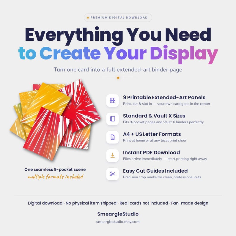 Op de afbeelding: Een digitale productweergave met de tekst Everything You Need to Create Your Display. Het bevat 9 printbare extended-art panelen met rode, oranje en gele zonnestraalpatronen, ontworpen voor standaard en Vault X-binderpagina's.