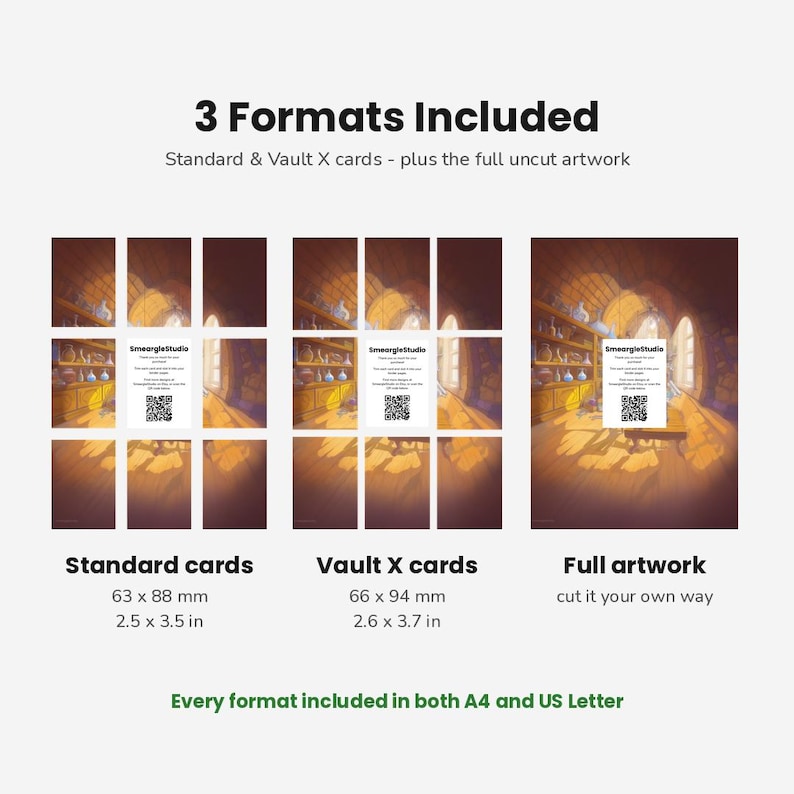 May include: A digital product display showing three formats: standard cards at 2.5 x 3.5 inches, Vault X cards at 2.6 x 3.7 inches, and full artwork. The image features a fantasy interior with shelves and a QR code labeled SmeargleStudio.