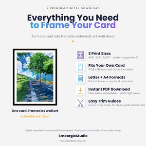 May include: A digital download guide titled Everything You Need to Frame Your Card. It features a framed landscape illustration of a road with trees and blue skies, alongside text detailing 3 print sizes (4x6", 5x7", 8x10"), 63x88 mm card fit, and trim guides.