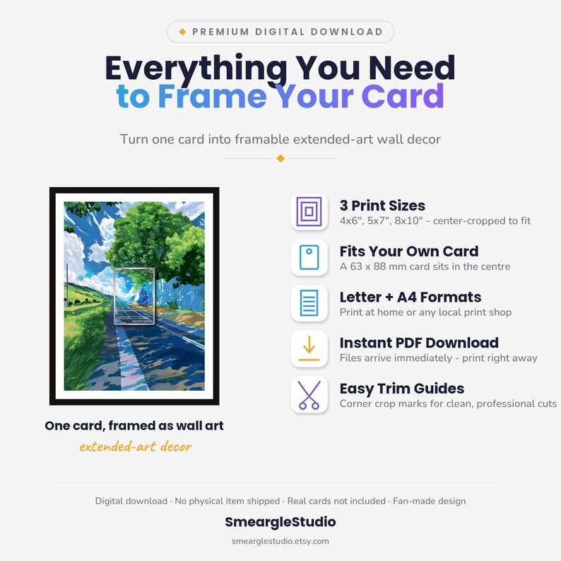 May include: A digital download guide titled Everything You Need to Frame Your Card. It features a framed landscape illustration of a road with trees and blue skies, alongside text detailing 3 print sizes (4x6", 5x7", 8x10"), 63x88 mm card fit, and trim guides.