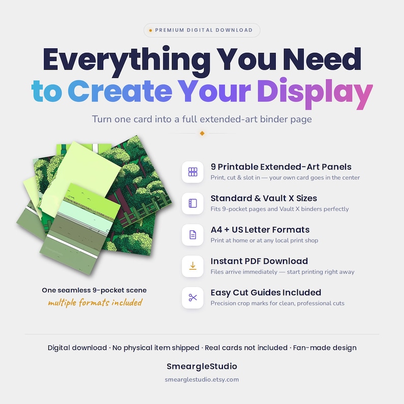 May include: A digital download product for creating a 9-pocket extended-art binder page. Includes 9 printable panels with a green forest landscape design, featuring cut guides, standard and Vault X sizing, and A4 or US Letter format options.