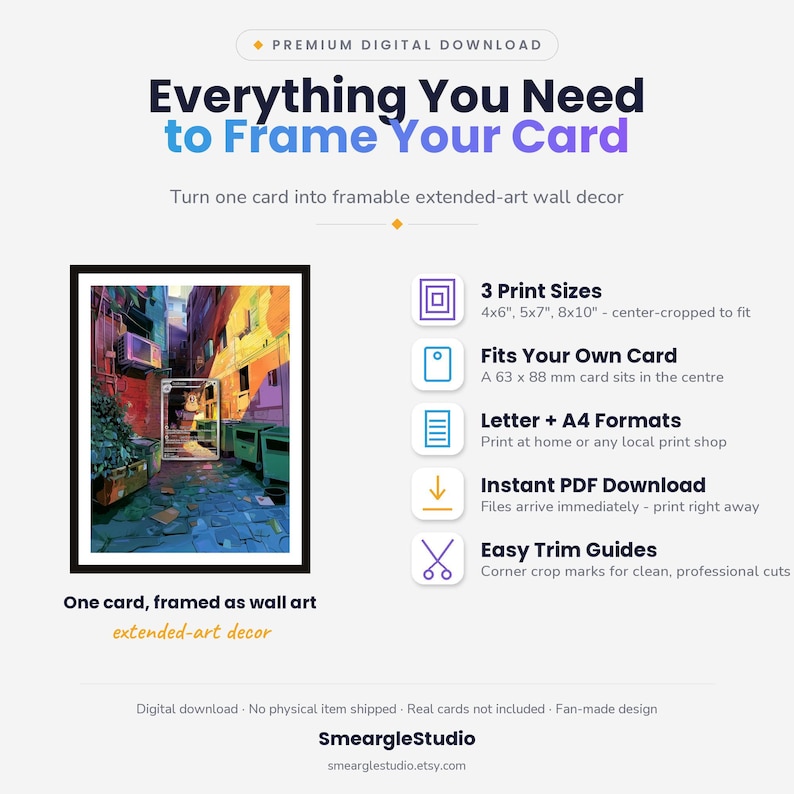 May include: A digital download guide for framing cards, featuring the text 'Everything You Need to Frame Your Card'. It displays a framed illustration of a colorful alleyway, lists three print sizes in inches, and notes 63 x 88 mm card fit.