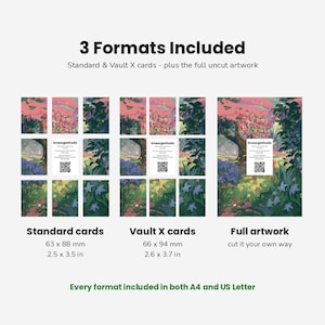 May include: A digital product display showing 3 Formats Included: Standard cards at 63 x 88 mm (2.5 x 3.5 in), Vault X cards at 66 x 94 mm (2.6 x 3.7 in), and Full artwork. The image features a colorful forest illustration with a QR code.