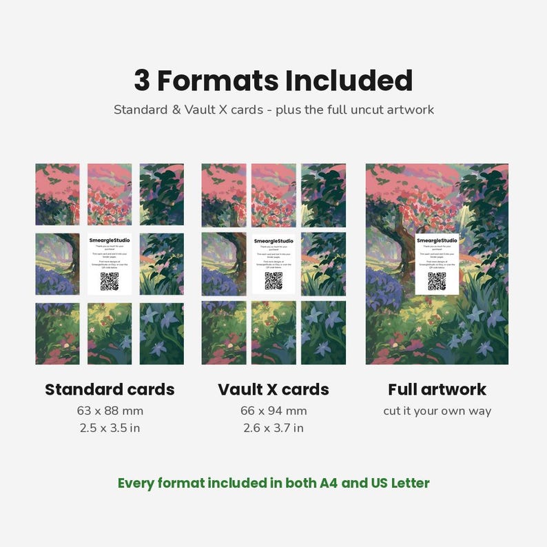May include: A digital product display showing 3 Formats Included: Standard cards at 63 x 88 mm (2.5 x 3.5 in), Vault X cards at 66 x 94 mm (2.6 x 3.7 in), and Full artwork. The image features a colorful forest illustration with a QR code.