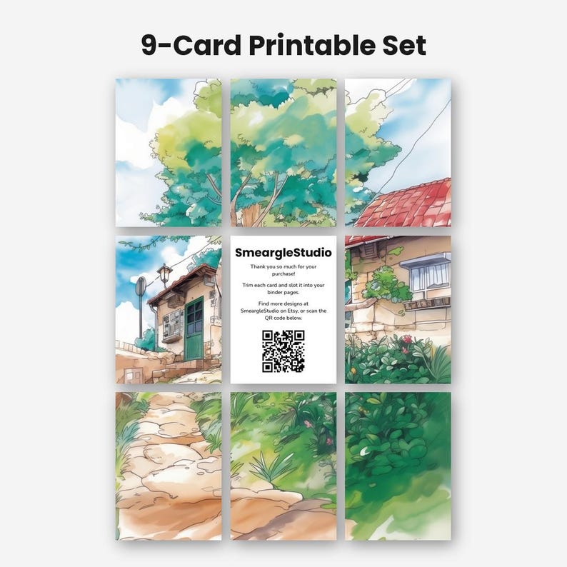 May include: A 9-card printable set featuring a watercolour-style illustration of a stone path leading to a house with a green door, a red roof, and lush greenery. The centre card includes the text SmeargleStudio, instructions, and a QR code.
