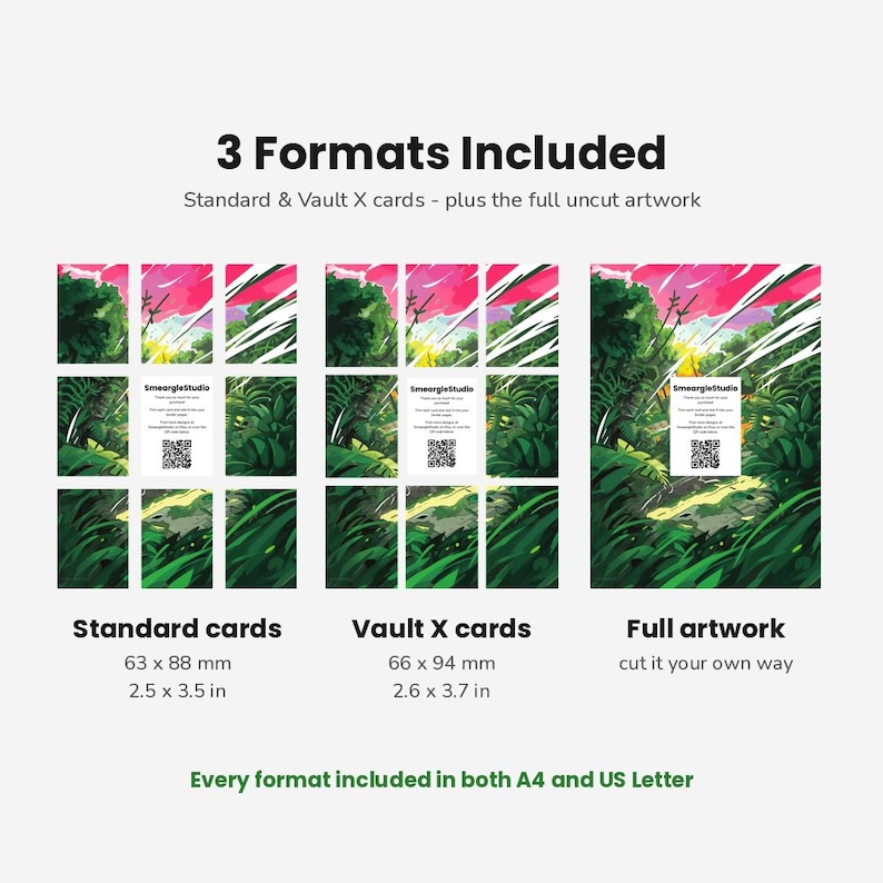 以下が含まれることがあります： カードアートワークの3 Formats Includedを示すデジタル表示。63 x 88 mmの標準カード、66 x 94 mmのVault Xカード、およびカットされていないフルアートワークが含まれています。各セクションにはSmeargleStudioのロゴとQRコードが表示されています。