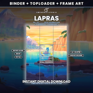 May include: A digital art print featuring a Lapras character in a tropical landscape with mountains and water. The text includes BINDER + TOPLOADER + FRAME ART, SMEARGLE STUDIO, LAPRAS, No. 131, 30TH CELEBRATION, INSTANT ACCESS, 300 DPI, PDF FILE, A4 + US LETTER, CARD NOT INCLUDED, and INSTANT DIGITAL DOWNLOAD.