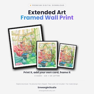 May include: Three framed wall prints in varying sizes featuring an illustration of a sunlit greenhouse with Eevee characters, a pink armchair, and a stack of books. Text includes Premium Digital Download, Extended Art Framed Wall Print, Print it, add your own card, frame it, 3 SIZES - A4 + US LETTER, and SmeargleStudio.