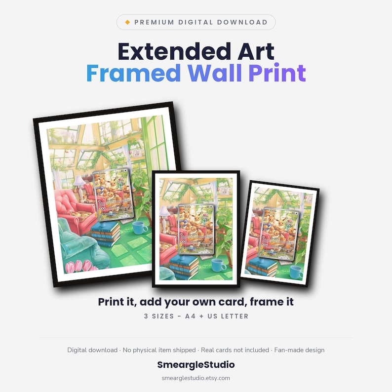 May include: Three framed wall prints in varying sizes featuring an illustration of a sunlit greenhouse with Eevee characters, a pink armchair, and a stack of books. Text includes Premium Digital Download, Extended Art Framed Wall Print, Print it, add your own card, frame it, 3 SIZES - A4 + US LETTER, and SmeargleStudio.