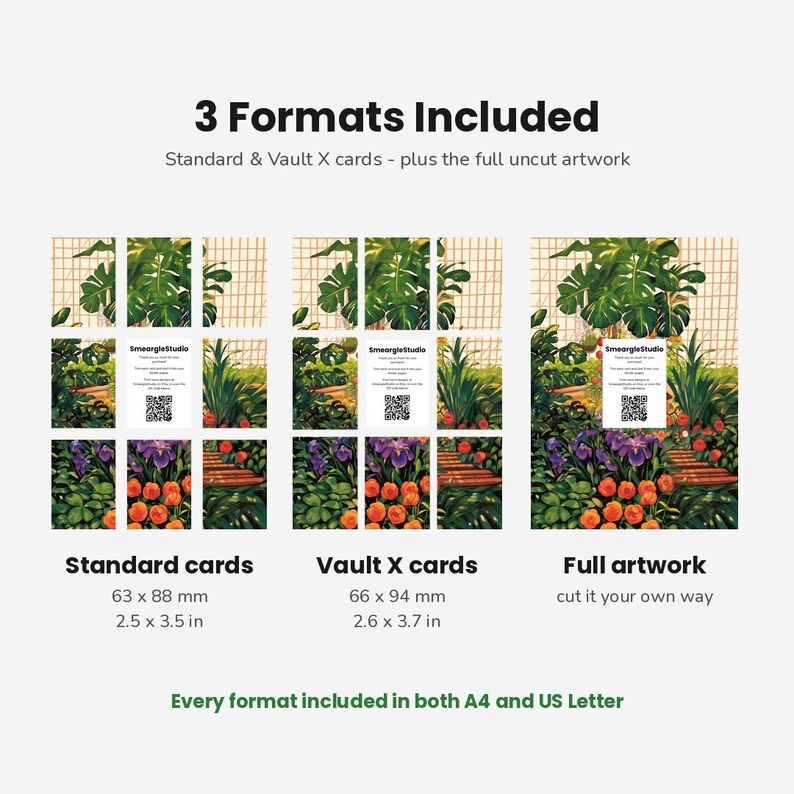 May include: A digital display showing three formats for card artwork: Standard cards at 63 x 88 mm (2.5 x 3.5 in), Vault X cards at 66 x 94 mm (2.6 x 3.7 in), and full uncut artwork. Text includes 3 Formats Included, Standard & Vault X cards, and more.