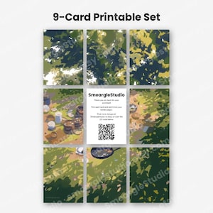 May include: A 9-card printable set featuring a grid of illustrations with forest-inspired green, yellow, and dark blue abstract patterns. The centre card displays the text SmeargleStudio, instructions for trimming, and a black and white QR code.