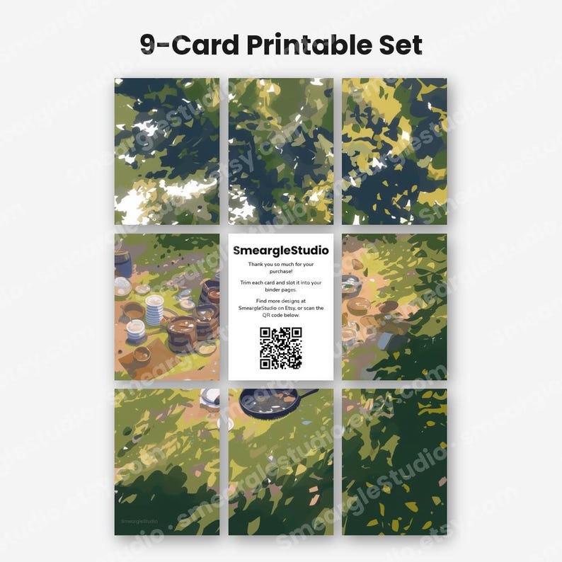 May include: A 9-card printable set featuring a grid of illustrations with forest-inspired green, yellow, and dark blue abstract patterns. The centre card displays the text SmeargleStudio, instructions for trimming, and a black and white QR code.