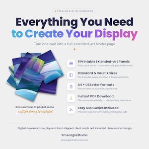May include: A digital download product featuring 9 printable extended-art panels for binder pages. The design displays a seamless blue and purple abstract scene. Text includes Everything You Need to Create Your Display, 9 Printable Extended-Art Panels, Standard & Vault X Sizes, A4 + US Letter Formats, Instant PDF Download, and Easy Cut Guides Included.