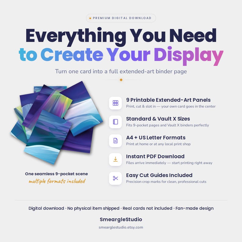 May include: A digital download product featuring 9 printable extended-art panels for binder pages. The design displays a seamless blue and purple abstract scene. Text includes Everything You Need to Create Your Display, 9 Printable Extended-Art Panels, Standard & Vault X Sizes, A4 + US Letter Formats, Instant PDF Download, and Easy Cut Guides Included.