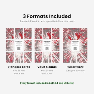 K&ouml;nnte beinhalten: Eine digitale Grafik mit 3 Formaten f&uuml;r Karten-Artworks. Dargestellt sind Standardkarten mit 63 x 88 mm, Vault X-Karten mit 66 x 94 mm und ein vollst&auml;ndiges, ungeschnittenes Artwork. Text enth&auml;lt SmeargleStudio und einen QR-Code auf jedem Layout.