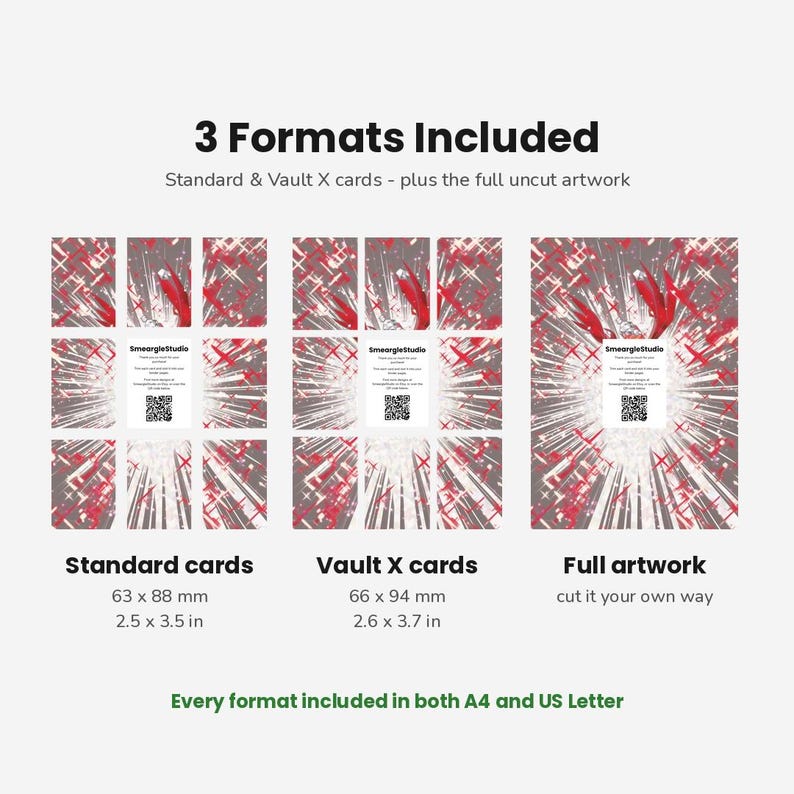 K&ouml;nnte beinhalten: Eine digitale Grafik mit 3 Formaten f&uuml;r Karten-Artworks. Dargestellt sind Standardkarten mit 63 x 88 mm, Vault X-Karten mit 66 x 94 mm und ein vollst&auml;ndiges, ungeschnittenes Artwork. Text enth&auml;lt SmeargleStudio und einen QR-Code auf jedem Layout.