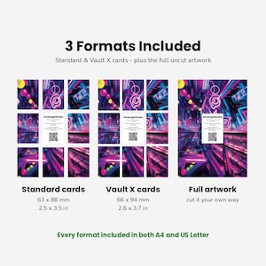 以下が含まれることがあります： 3 Formats Includedと記載されたデジタル製品表示。63 x 88 mmの標準カード、66 x 94 mmのVault Xカード、およびフルアートワークが示されています。デザインは鮮やかな紫と青のネオンの街並みで、中央に白い情報カードが配置されています。