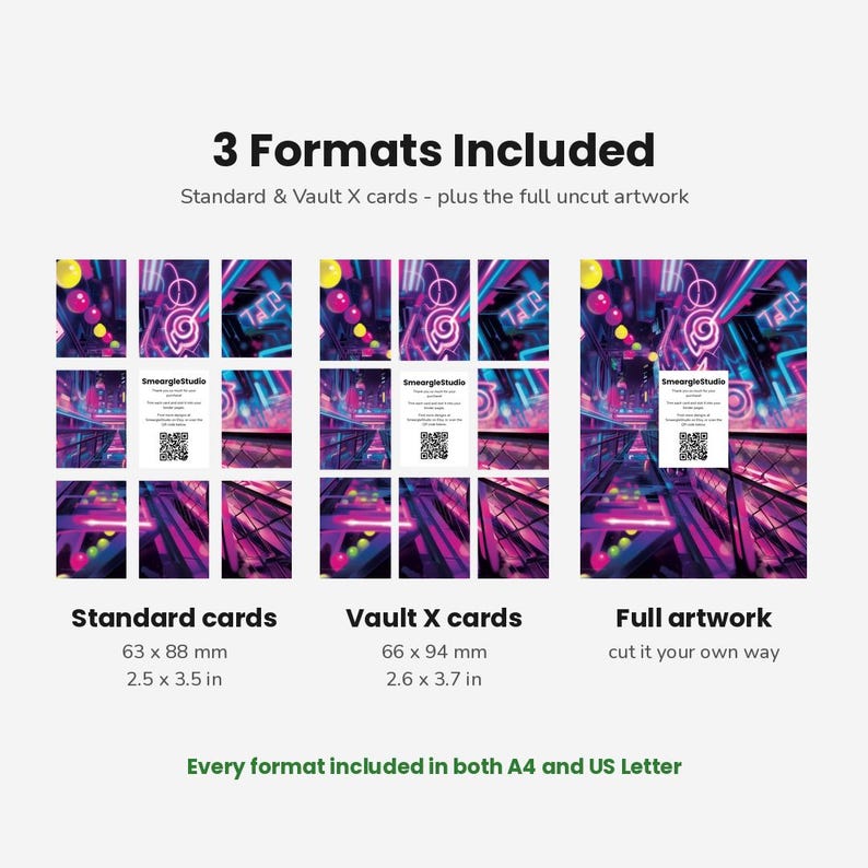 以下が含まれることがあります： 3 Formats Includedと記載されたデジタル製品表示。63 x 88 mmの標準カード、66 x 94 mmのVault Xカード、およびフルアートワークが示されています。デザインは鮮やかな紫と青のネオンの街並みで、中央に白い情報カードが配置されています。
