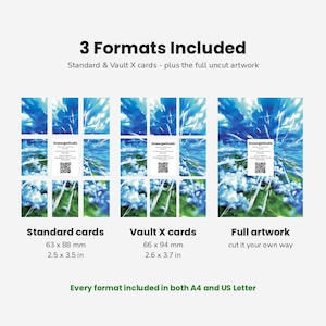 Puede incluir: Una pantalla de producto digital que muestra 3 Formats Included: tarjetas est&aacute;ndar de 63 x 88 mm, tarjetas Vault X de 66 x 94 mm e ilustraci&oacute;n completa. Cada secci&oacute;n presenta un cielo azul y un paisaje verde con una tarjeta SmeargleStudio central.