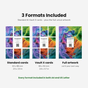 May include: A digital product display showing 3 Formats Included: Standard cards at 2.5 x 3.5 inches, Vault X cards at 2.6 x 3.7 inches, and full uncut artwork. Each section features vibrant, multi-colored cloud illustrations and a QR code.