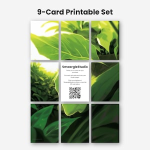 May include: A 9-card printable set featuring a grid of nine rectangular cards. Eight cards display a vibrant green botanical leaf pattern with bright highlights. The center card is white with black text reading SmeargleStudio and a QR code.