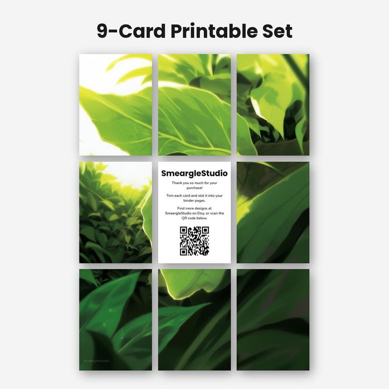 May include: A 9-card printable set featuring a grid of nine rectangular cards. Eight cards display a vibrant green botanical leaf pattern with bright highlights. The center card is white with black text reading SmeargleStudio and a QR code.