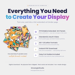 May include: A digital download product featuring 9 printable extended-art panels with a colorful star and comic-style pattern. The text reads Everything You Need to Create Your Display, 9 Printable Extended-Art Panels, Standard & Vault X Sizes, A4 + US Letter Formats, Instant PDF Download, Easy Cut Guides Included, and SmeargleStudio.