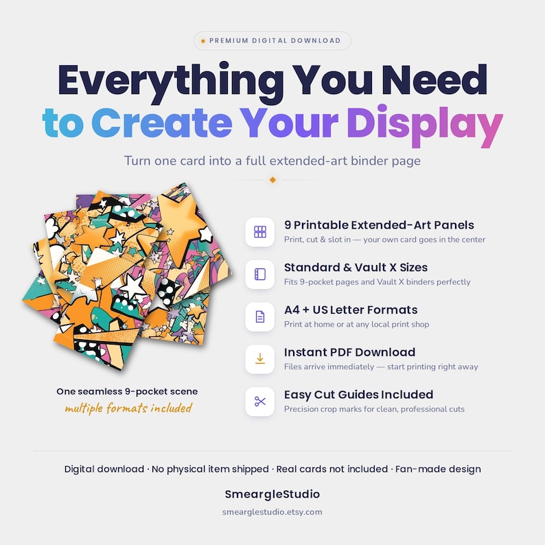 May include: A digital download product featuring 9 printable extended-art panels with a colorful star and comic-style pattern. The text reads Everything You Need to Create Your Display, 9 Printable Extended-Art Panels, Standard & Vault X Sizes, A4 + US Letter Formats, Instant PDF Download, Easy Cut Guides Included, and SmeargleStudio.