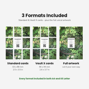 May include: A digital product display showing 3 Formats Included: Standard cards at 2.5 x 3.5 inches, Vault X cards at 2.6 x 3.7 inches, and full artwork. Each section features a green foliage illustration with a SmeargleStudio card and QR code.