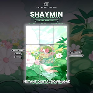 May include: A digital 9-card binder set featuring Shaymin inspired extended art. The layout includes a central trading card surrounded by a continuous floral meadow illustration with green foliage, white and pink flowers, and a light blue sky.