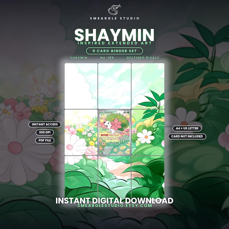 May include: A digital 9-card binder set featuring Shaymin inspired extended art. The layout includes a central trading card surrounded by a continuous floral meadow illustration with green foliage, white and pink flowers, and a light blue sky.