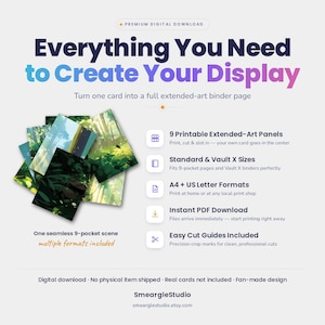 May include: A digital download product featuring 9 printable extended-art panels that form a seamless forest scene for a 9-pocket binder page. Includes text: Everything You Need to Create Your Display, 9 Printable Extended-Art Panels, Standard & Vault X Sizes, A4 + US Letter Formats, Instant PDF Download, Easy Cut Guides Included.