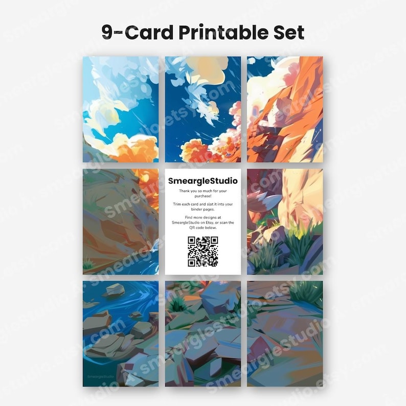 May include: A 9-card printable set featuring landscape illustrations with blue skies, clouds, rocky terrain, and water. The center card displays the text SmeargleStudio, thank you instructions, and a QR code for finding more designs on Etsy.