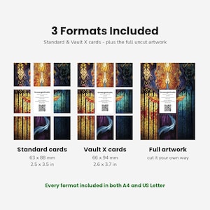 May include: A digital display showing three formats for artwork: standard cards at 2.5 x 3.5 inches, Vault X cards at 2.6 x 3.7 inches, and full uncut artwork. The text reads 3 Formats Included, Standard & Vault X cards - plus the full uncut artwork.